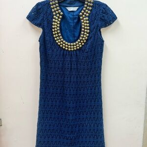 Elegant Blue Crochet Dress with Gold Accents